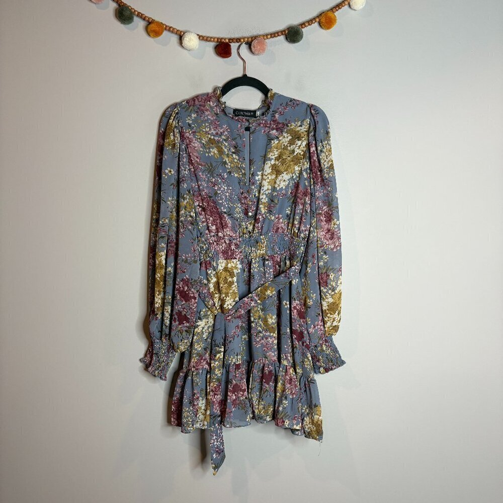 Chic Wish Flying Petals Print Puff Sleeve Ruffle Dress in Lavender - Picture 2 of 7